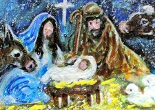 ACEO Original Christmas MANGER Painting Nativity Religious Mary Jesus Animal ART