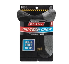 6 Pack Genuine Dickies Mens Dritech Crew Socks Moisture Control Black Size 6-12
