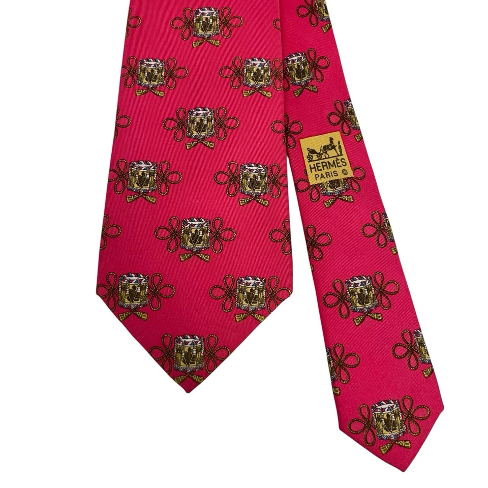 Hermes Hombres Corbata Francesa Borlas Cuerda Tambores Rojo Seda 7174 FA 3 3/8" (W) 56.5" (L) Foto 2 de 4