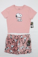 Peanuts Snoopy Pink Valentine Pj Short Sleeve Tee  Plush Shorts Set Youth L