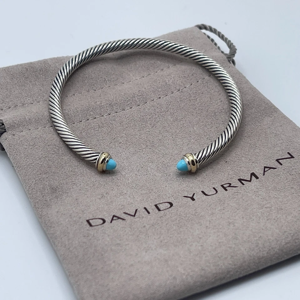 Brazalete David Yurman 4mm Cable Plata de Ley Turquesa y Oro Amarillo 18K Foto 3 de 4