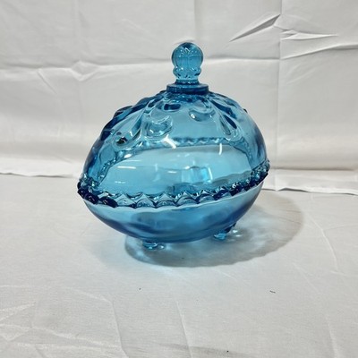 Vtg Indiana Glass Tiara Blue Duchess Easter Egg Candy Dish with Lid