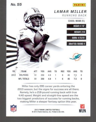 Lamar Miller #/D SP 2013 Panini Limited #55 Numbered 114/399 Dolphins L@@K ! - Picture 2 of 2
