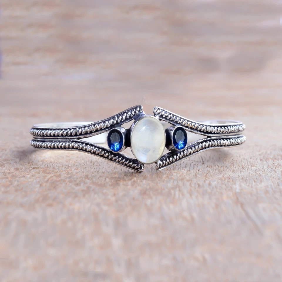 Браслет-манжета из стерлингового серебра 925 пробы с радужным лунным камнем и танзанитом для особого дня - Изображение 4 из 4