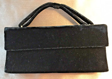 Vintage Black Velvet Envelope Style Evening Clutch w/ Bow-Shaped Handle 9"x4.25"