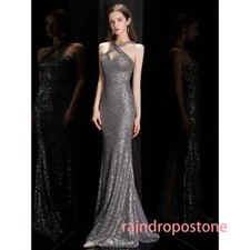 Women Elegant Evening Dress Long Formal Dress Halter Sequins Prom Party Dress