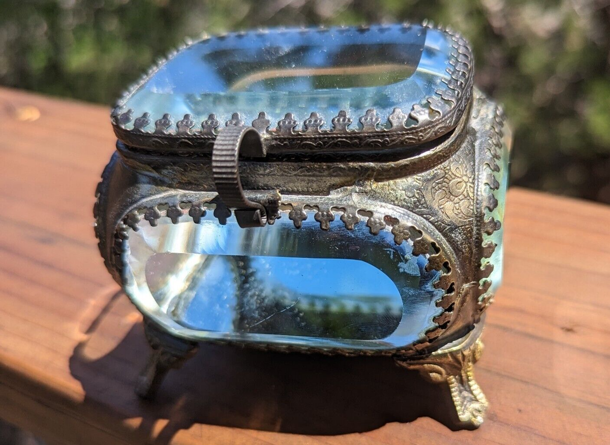 Antique Victorian Era Metal & Beveled Glass Jewelry Casket Case