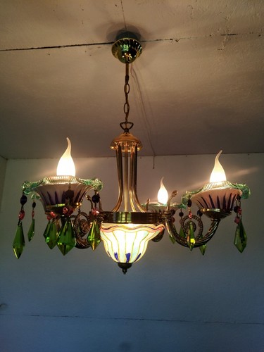 Vintage Retro Glass Green Blue Hand Painted Dining room Chandelier Light Ceiling - Picture 5 of 9