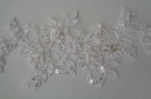 white or ivory beaded lace applique sew on floral sequins beads lace motif patch - Picture 3 of 5