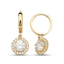 14k Yellow Gold Beautiful Halo Birthstone Round Shaped Huggie Earrings for Women