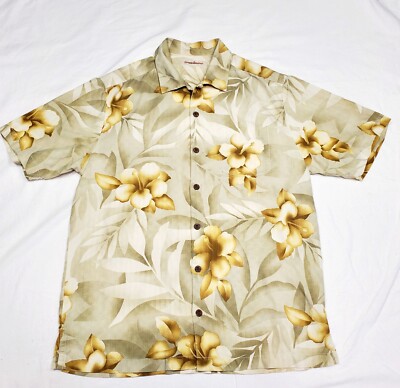 Tommy Bahama Hawaiian Camp Shirt 100% Silk Flower & Palm Print Beige Mens  S/P