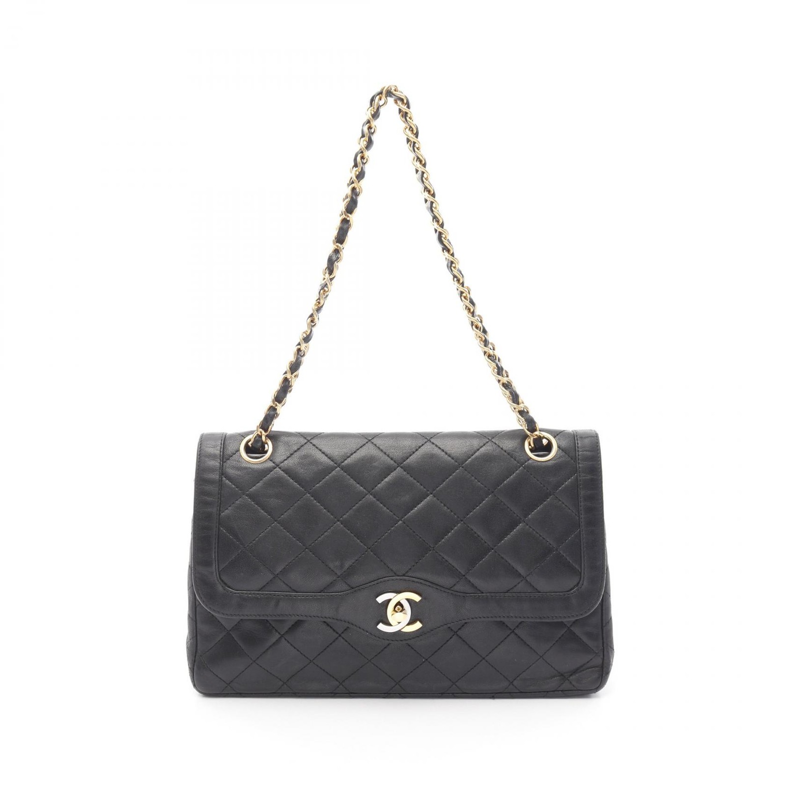 CHANEL Matelasse Paris Limited W Flap Shoulder Bag Black Lamb Leather GHW Pre-Owned