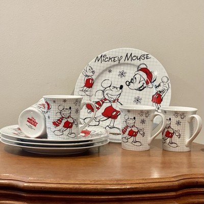 Disney Christmas Sketchbook Mickey Mouse 4 Mugs 4 Dinner Plates 10.5 in