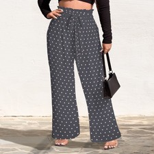 Grey Polka Dot Wide Leg Pants High Waist Tie Belt Relaxed Fit