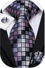 Hi-Tie Mens Plaid Ties Classic Paisley Necktie with Handkerchief Grey Pink