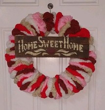 Decorative 18" Valentines Red Theme Yarn Wrapped Wreath Home Sweet Home Handmade