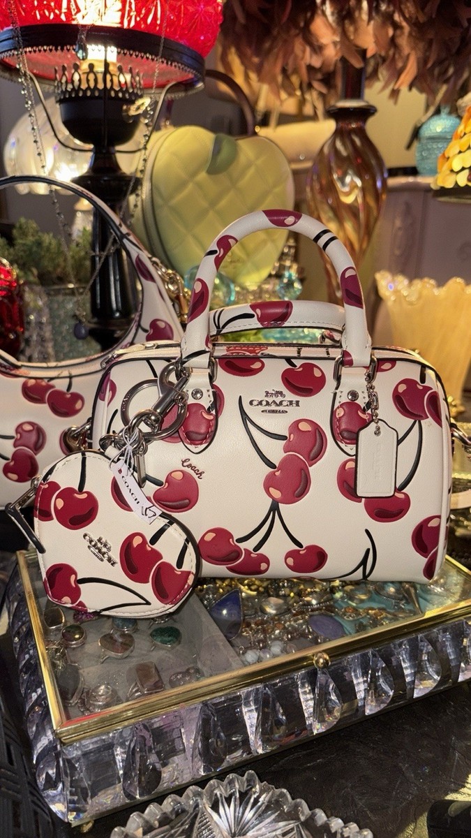 Coach Mini Rowan Crossbody Bag White Leather Cherry Print Small
