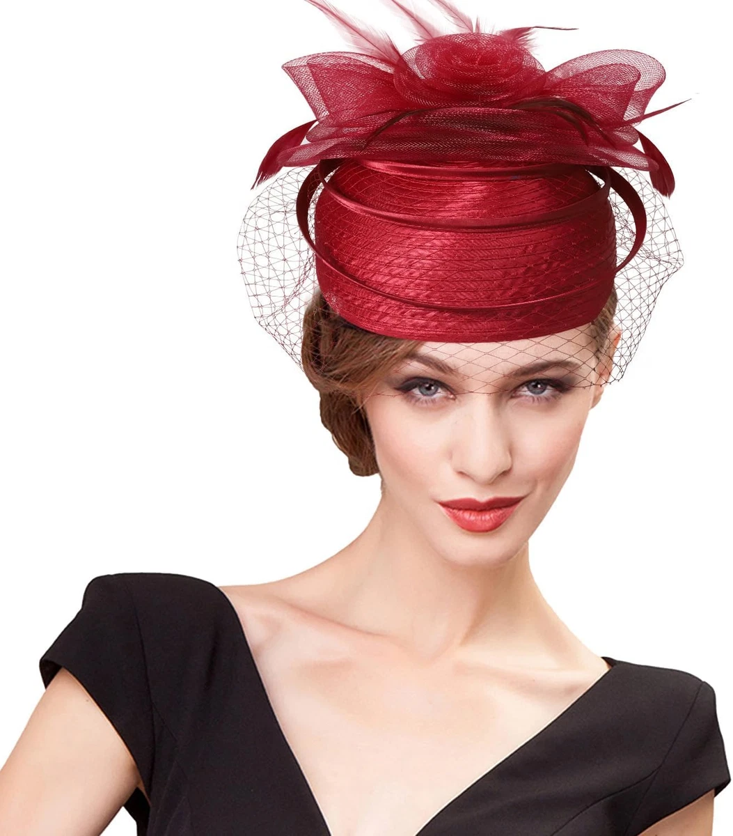 Vintage Women\'s Red Button/ Half/ Fascinator Hat With Feather. Good Condition. Feather Red 1950s Vintage Hats for Women for sale | eBay main image 3