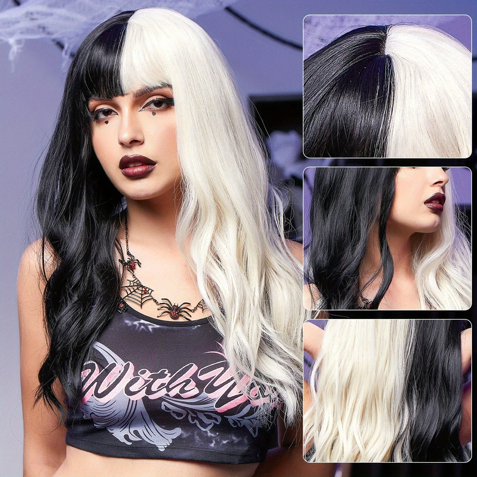 Black White Split Long Wavy Wig with Bangs Synthetic Cosplay Hair Halloween 24in - Image 2 of 4