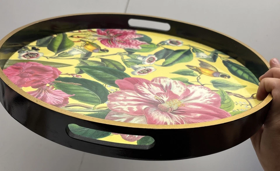 Michel Design Works Decoupage Round Wooden Tray Handles Floral Birds 14” - Image 2 of 3