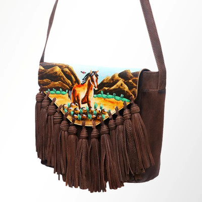 American Darling Hand Painted Desert Rodeo Horse Fringe Crossbody Bag