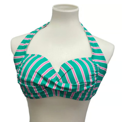 Lands  End Draper James Striped UPF 50+ Neck Back Tie Halter Bikini Top Size XL