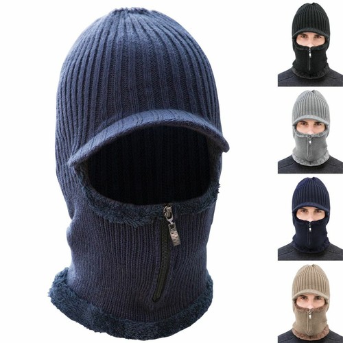 Mens Winter Hat Knit Visor Beanie Warm Fleece Lined Beanie Brim Cap Scarf Zipper - Bild 1 von 13
