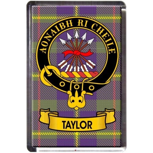 Taylor Tartan Fridge Magnet with Scottish Clan Crest on Clear Acrylic Base