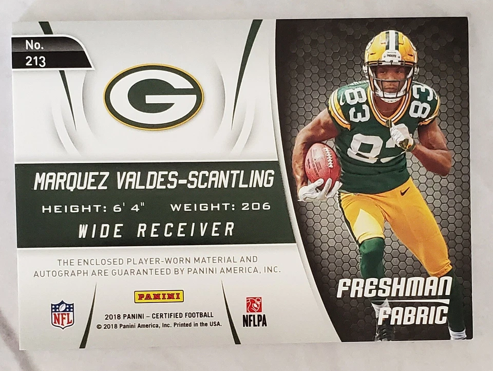 Marquez Valdes-Scantling RC 2018 Panini Freshman Fabric Auto /249 #213 Packers - Image 3 of 3