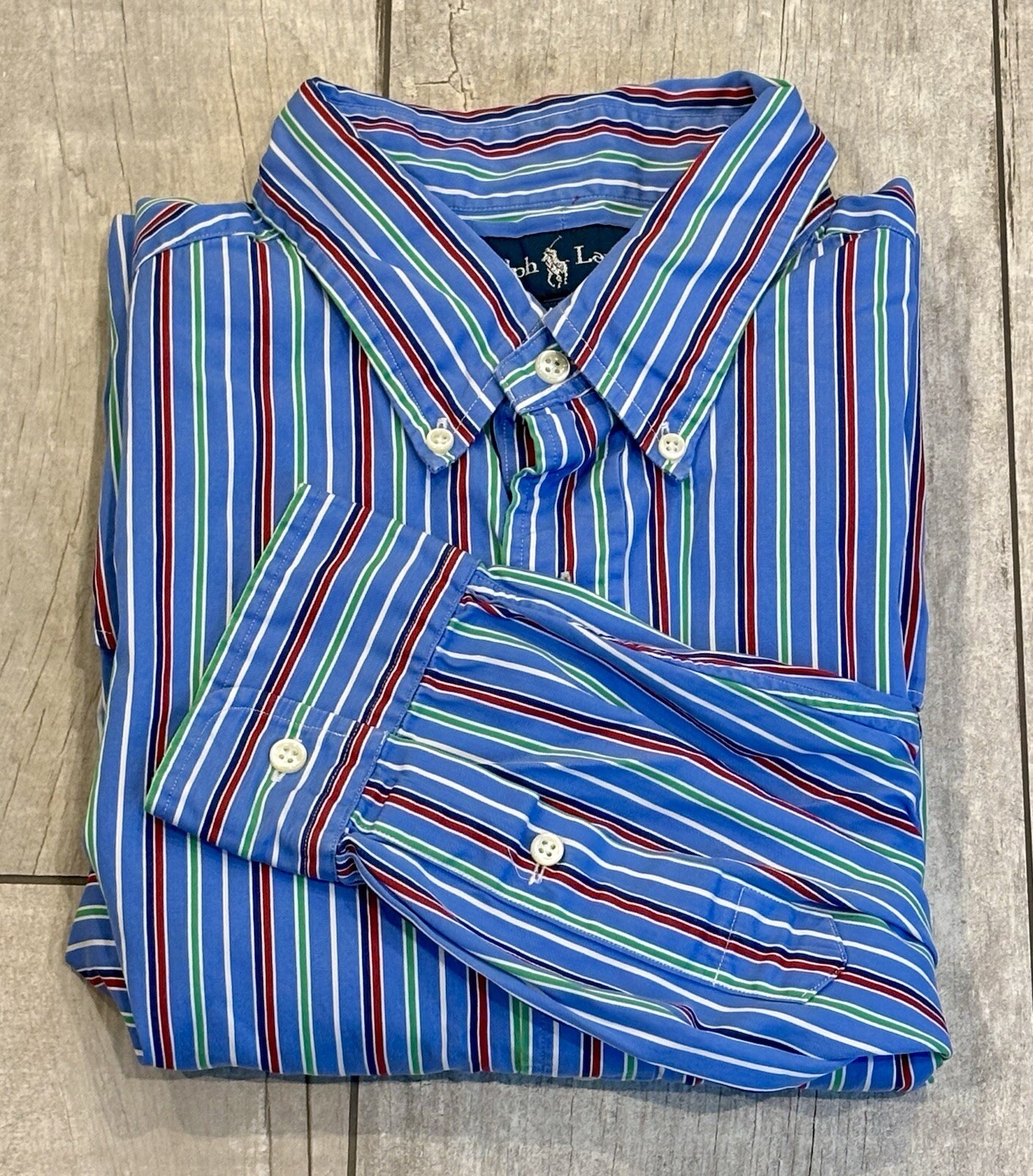 PONY Camicia Ralph Lauren manica lunga con bottoni vestibilità classica uomo XL blu a righe prep