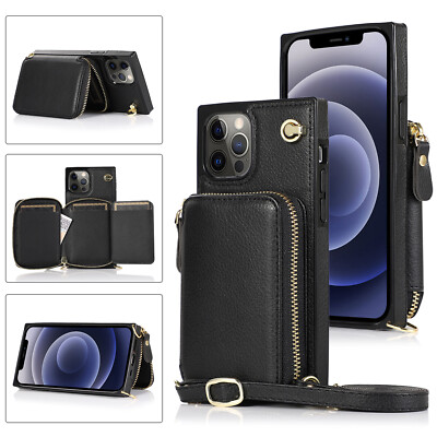 For iPhone 14 Pro Max 13 12 11 XR XS SE 876+ Leather Wallet Case Crossbody Strap