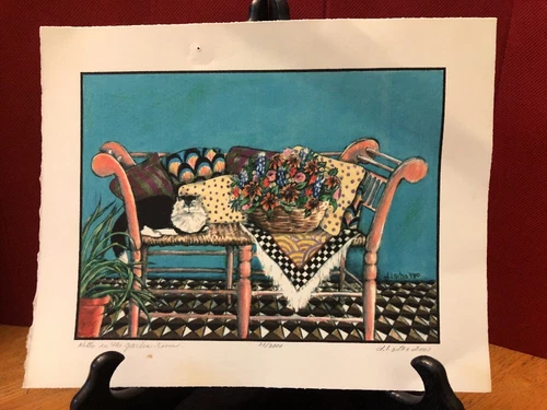 Kitty in the Garden Room Colored pencil drawing print D. L. Sites 2001 #22/2000