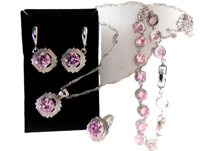 New 925 Silver Austrian Crystal /Pink Zircon Ring Earring Bracelet Necklace Set