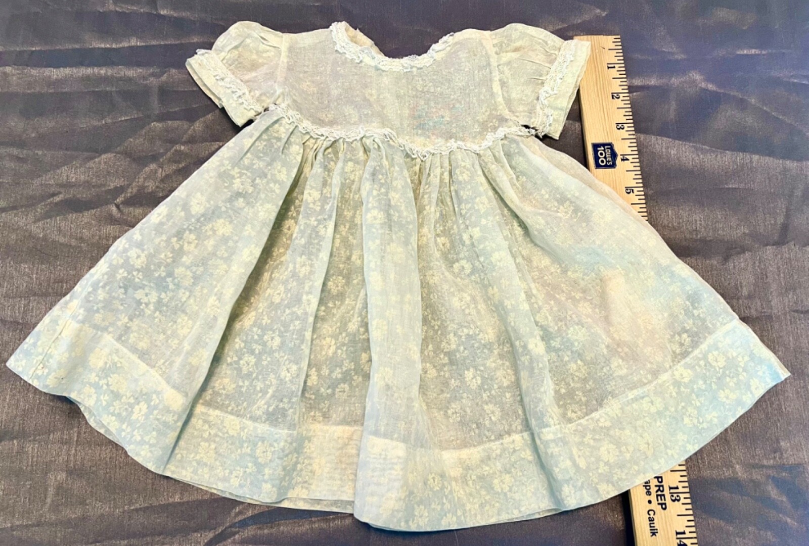 VTG 1950s Exquisite 14” Long Flocked Organdy Baby Doll Dress Mint Green