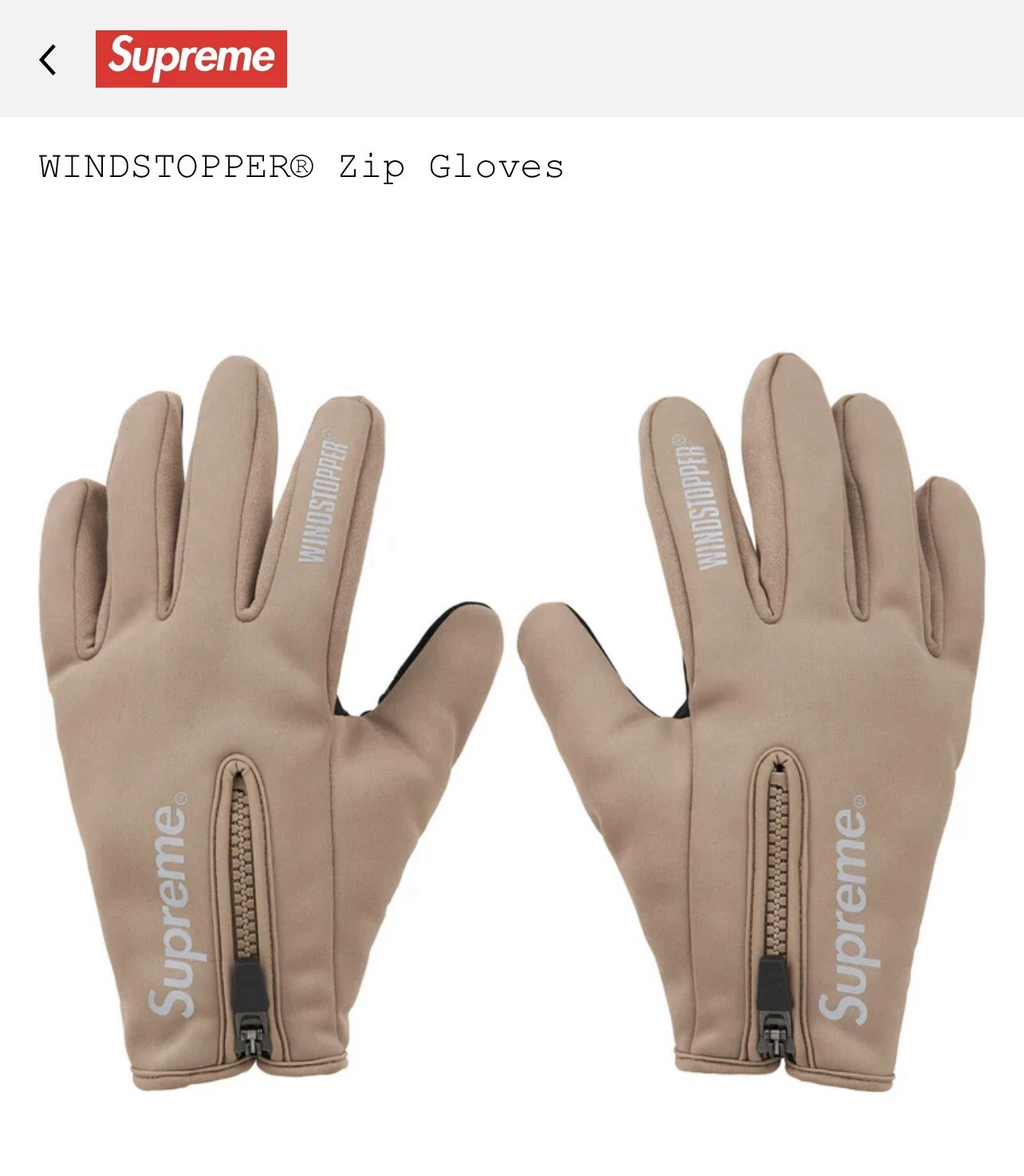 Gants zippés Supreme WINDSTOPPER taupe taille M