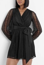 $118 New Style! Express Lace Long Sleeve Tie Waist Mini Dress, Black , Small
