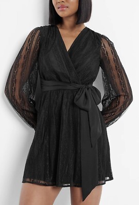 $118 New Style! Express Lace Long Sleeve Tie Waist Mini Dress, Black ,  Small | eBay