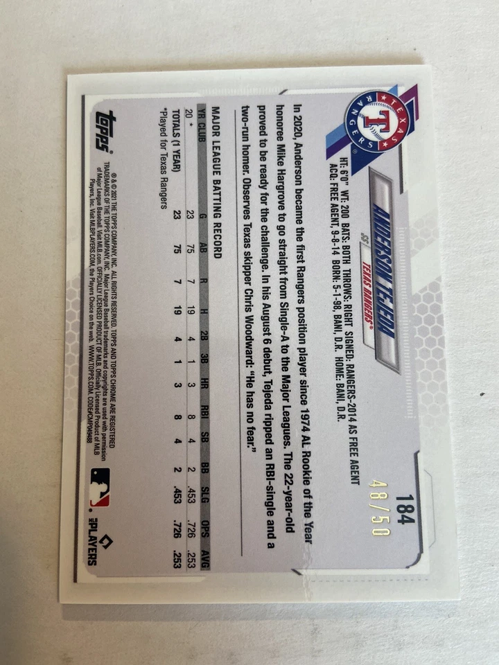 2021 TOPPS CHROME BEN BALLER ANDERSON TEJADA 48/50 GOLD REFRACTOR ROOKIE RANGERS - Image 2 of 2