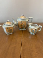 Vintage Teapot Creamer & Sugar Ceramic Lusterware Hand Painted Grey/Peach Japan