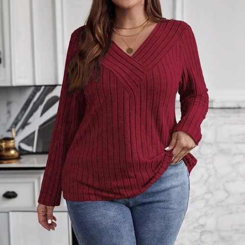 Plus Size Women Solid V-Neck Long Sleeve Top Casual Knit Blouse T-Shirt Pullover - Picture 19 of 21