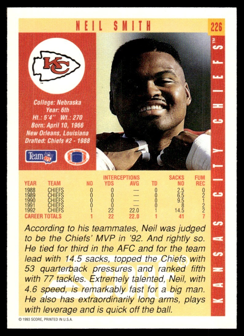 1993 SCORE NEIL SMITH KANSAS CITY CHIEFS #226 | eBay