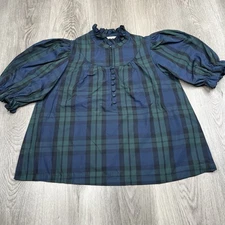 TUCKERNUCK Pomander Place Blackwatch Plaid Selena Blouse Sz Medium Blue & Green
