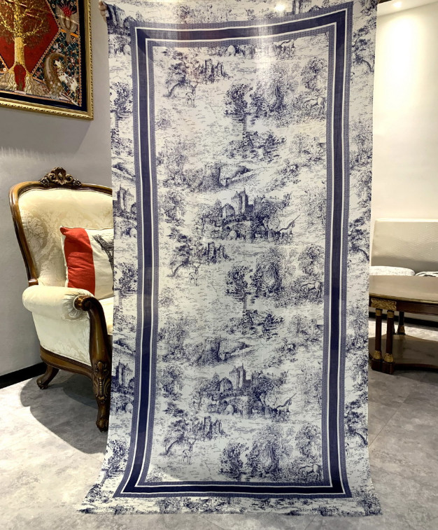 100% Wool Scarf  Blue courtyard Print Square Bandanna Shawl 200X100cm Wrap new