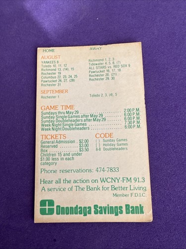 1977 Syracuse Chiefs Team Pocket Schedule - Picture 2 of 2
