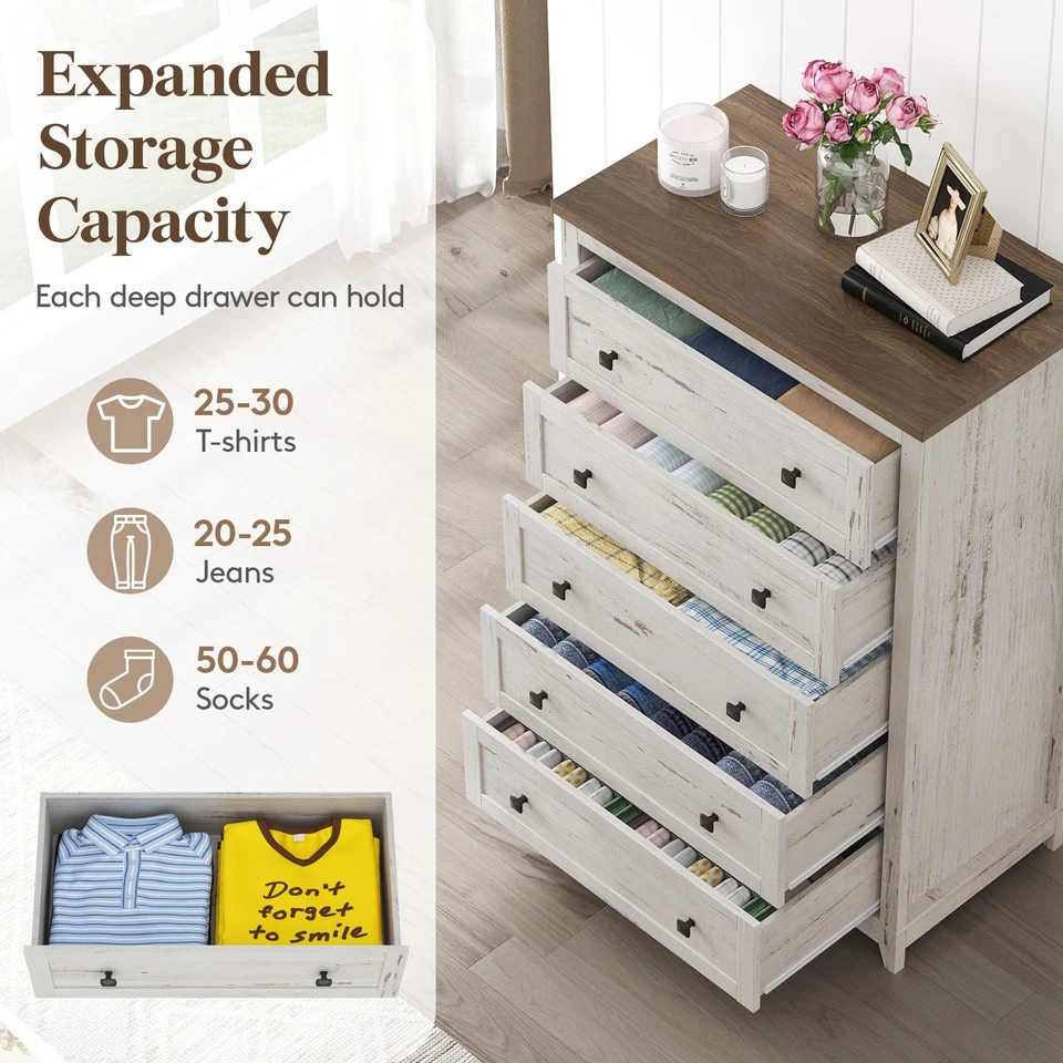 Cómoda Lifewit Farmhouse 5 cajones para dormitorio, tocadores y cómodas Foto 3 de 4