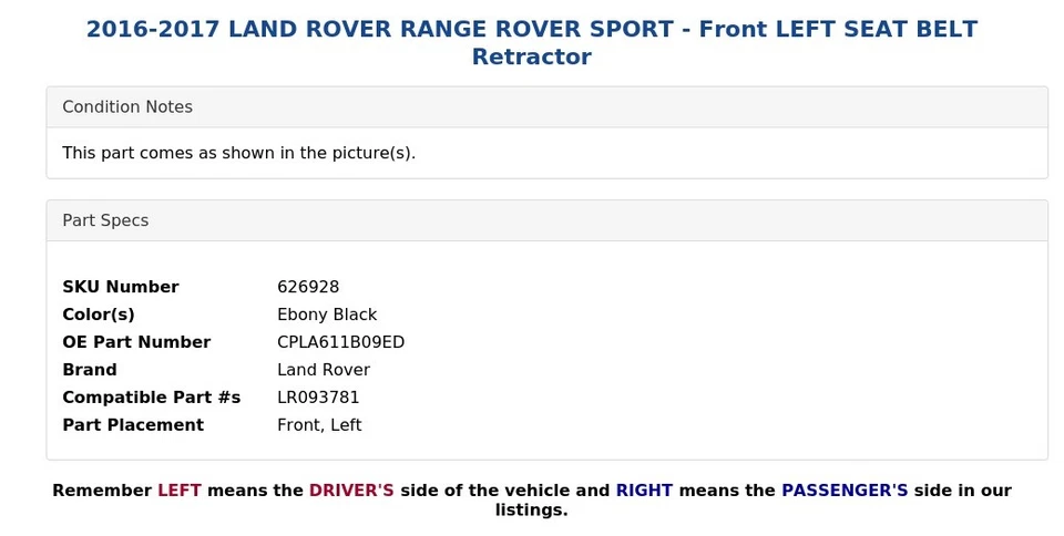 2016-2017 LAND ROVER RANGE ROVER SPORT - Retrator de cinto de segurança dianteiro esquerdo - Imagem 3 de 4