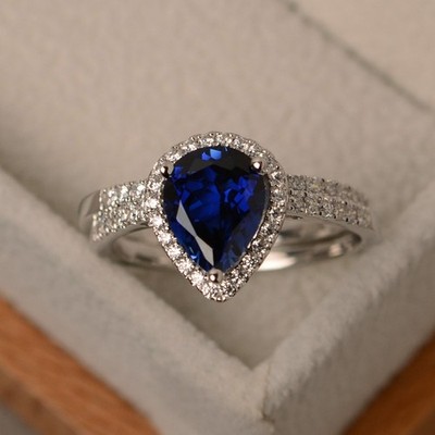 2.35 Ct Pear Cut Natural Sapphire Diamond Engagement Ring 14K White Gold Size 6
