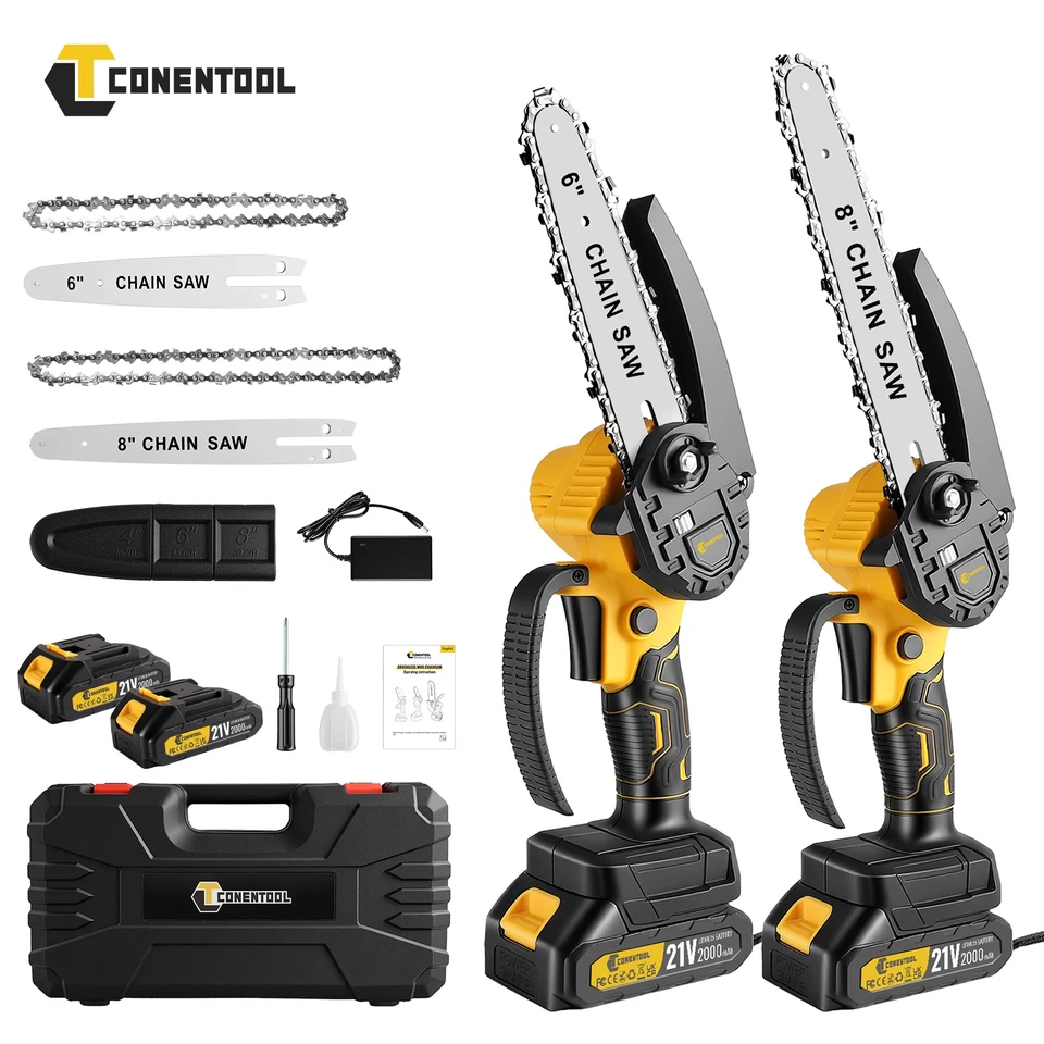 CONENTOOL 900W Akku Kettensäge 6+8" Mini Elektro Kettensägen Handkettensäge + 2*2.0Ah Akku