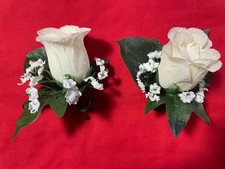 Lot of TWO Men's Boutonnieres 2 White Rose Wedding Bridal Floral Pins Artificial