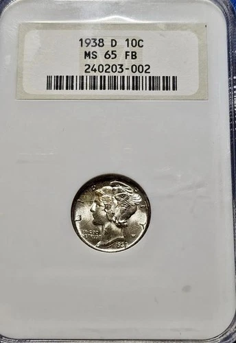 1938-D Mercury Dime NGC MS 65 FB Older NGC Holder